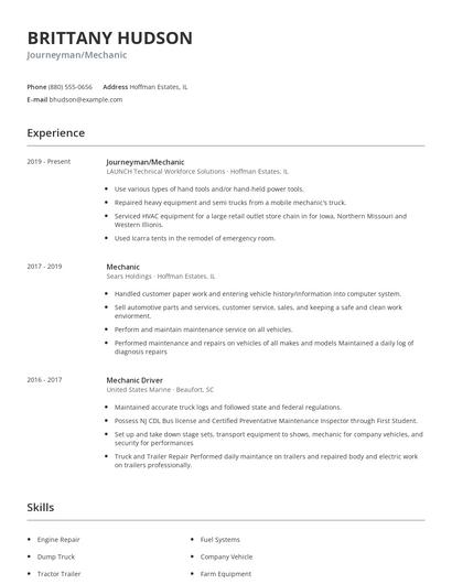 Journeyman/Mechanic Resume