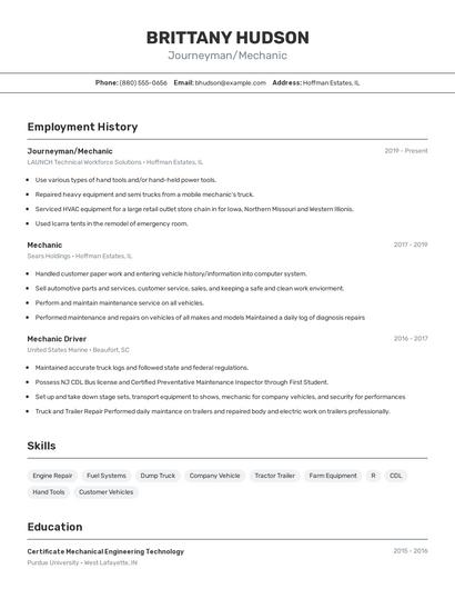 Journeyman/Mechanic Resume