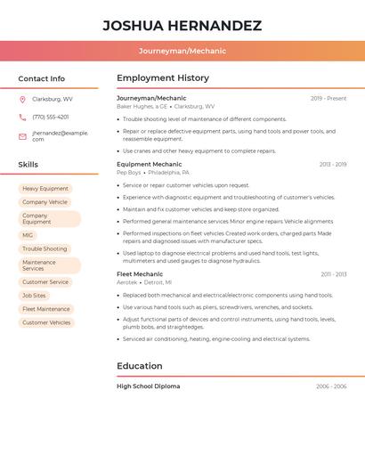 Journeyman/Mechanic Resume