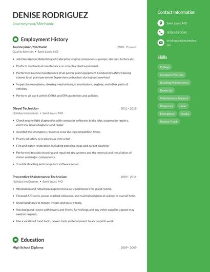 Journeyman/Mechanic Resume