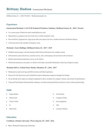Journeyman/Mechanic Resume