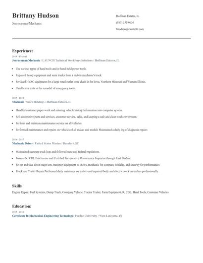 Journeyman/Mechanic Resume