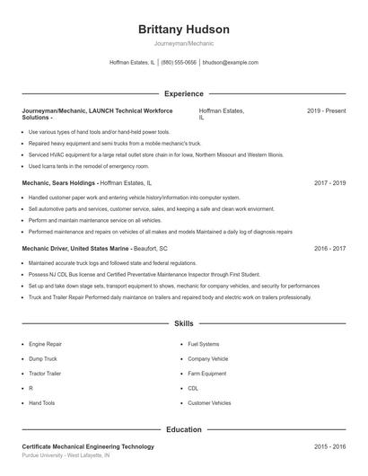 Journeyman/Mechanic Resume