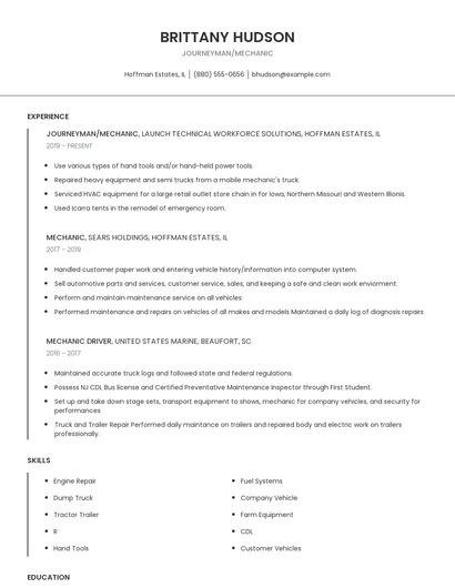 Journeyman/Mechanic Resume