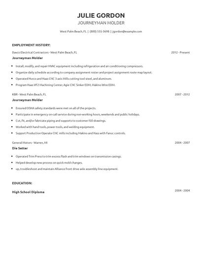 Journeyman Molder Resume