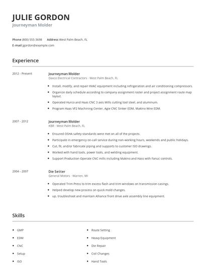 Journeyman Molder Resume