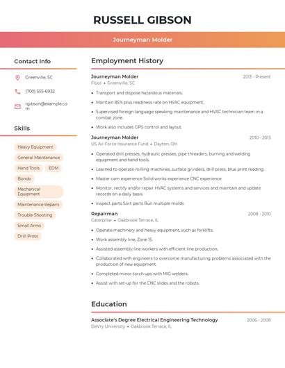 Journeyman Molder Resume