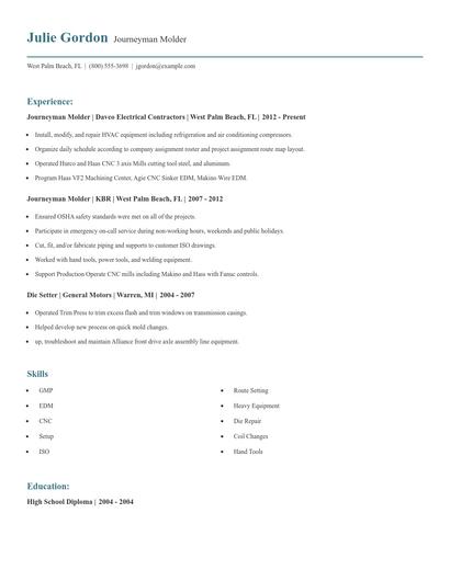 Journeyman Molder Resume