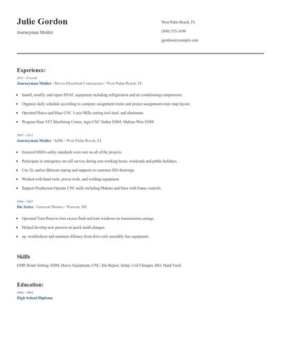 Journeyman Molder Resume