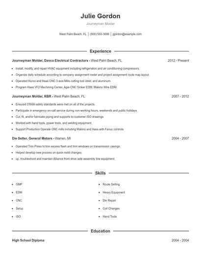 Journeyman Molder Resume