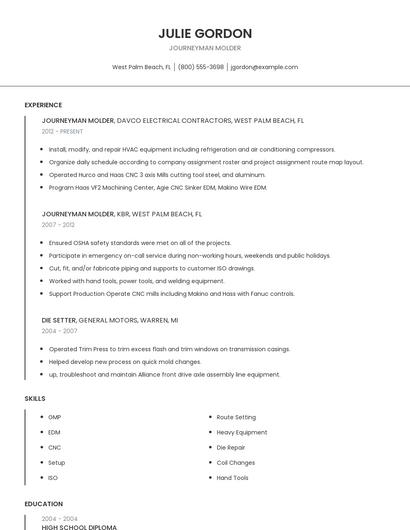 Journeyman Molder Resume