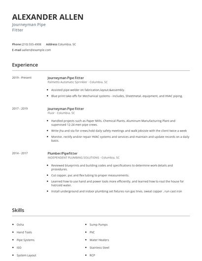Journeyman Pipe Fitter Resume