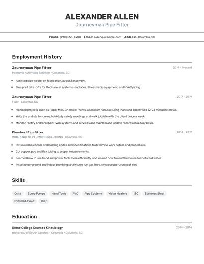 Journeyman Pipe Fitter Resume