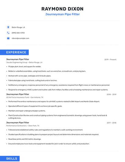 Journeyman Pipe Fitter Resume