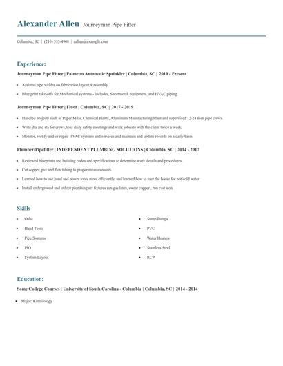 Journeyman Pipe Fitter Resume