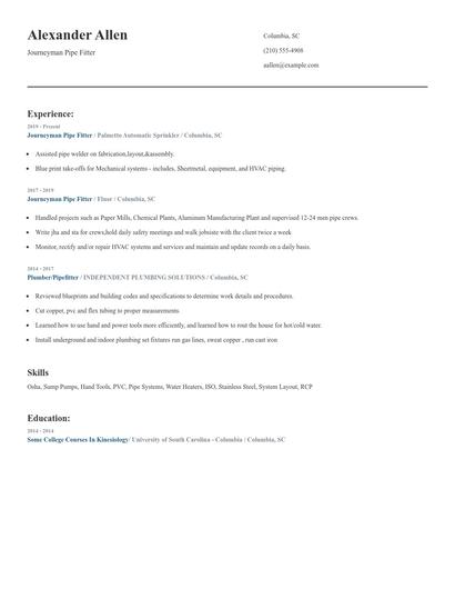 Journeyman Pipe Fitter Resume