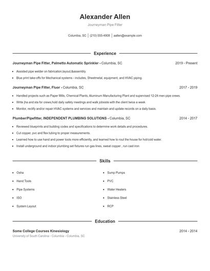 Journeyman Pipe Fitter Resume