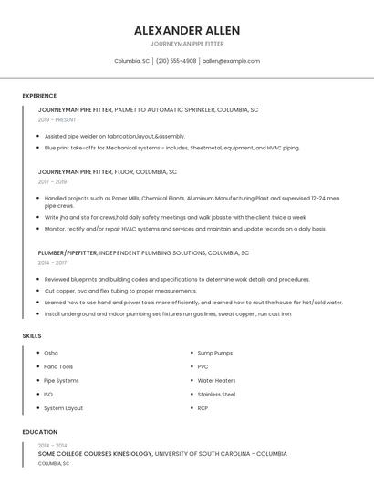 Journeyman Pipe Fitter Resume