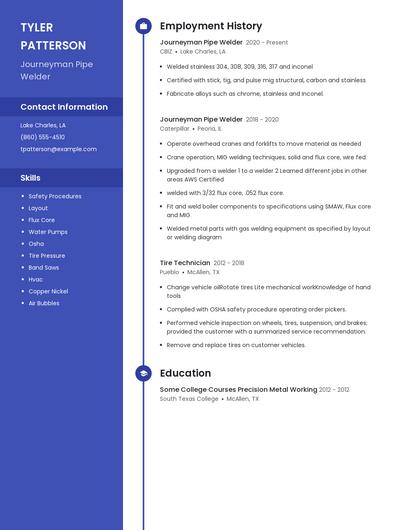 Journeyman Pipe Welder Resume