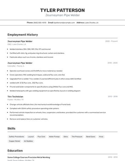 Journeyman Pipe Welder Resume
