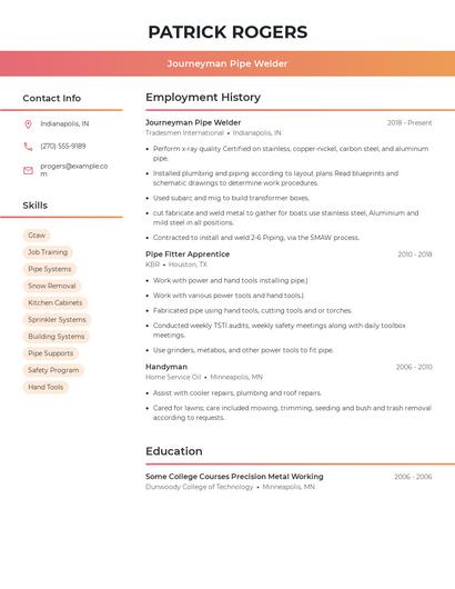 Journeyman Pipe Welder Resume