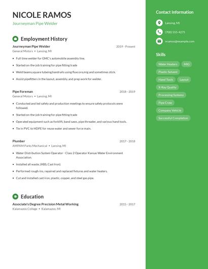 Journeyman Pipe Welder Resume