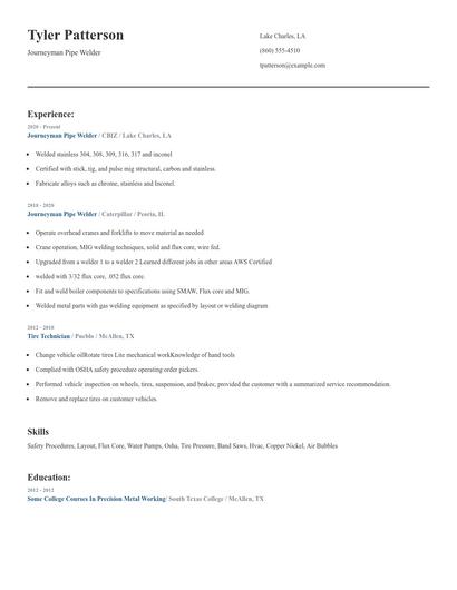 Journeyman Pipe Welder Resume