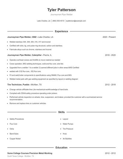 Journeyman Pipe Welder Resume