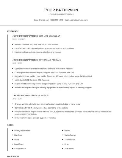 Journeyman Pipe Welder Resume