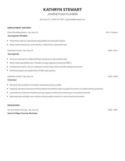 Journeyman Plumber Resume