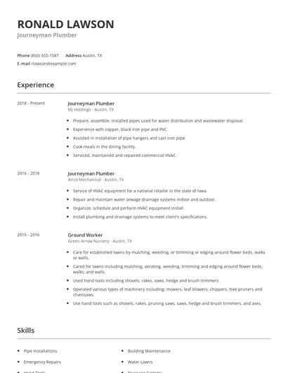 Journeyman Plumber Resume