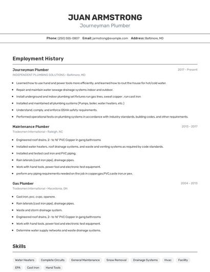 Journeyman Plumber Resume