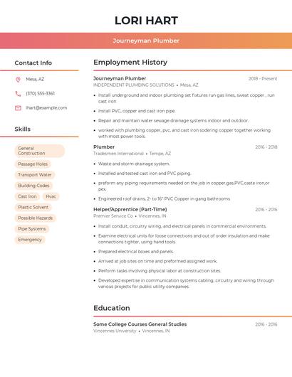 Journeyman Plumber Resume