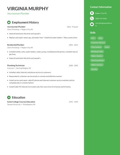 Journeyman Plumber Resume