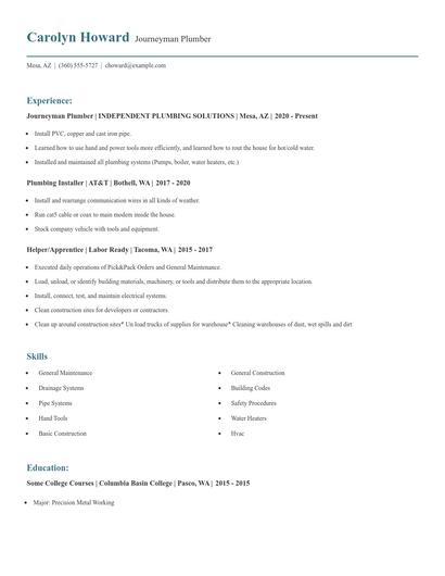 Journeyman Plumber Resume
