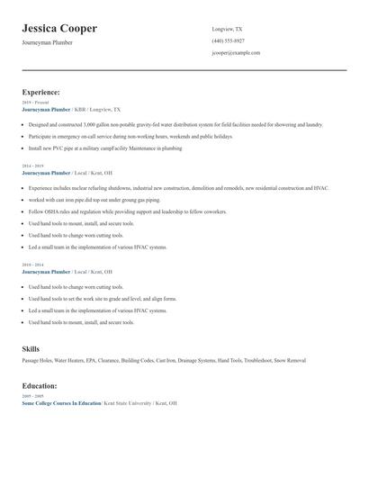 Journeyman Plumber Resume