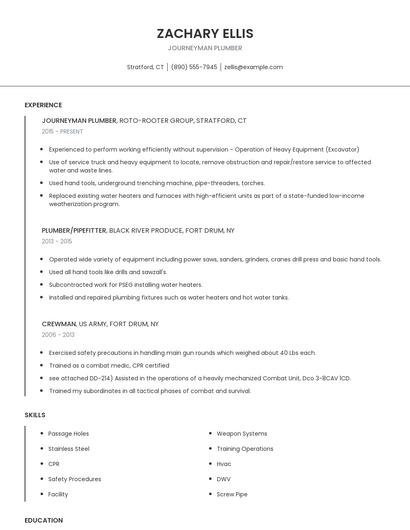Journeyman Plumber Resume