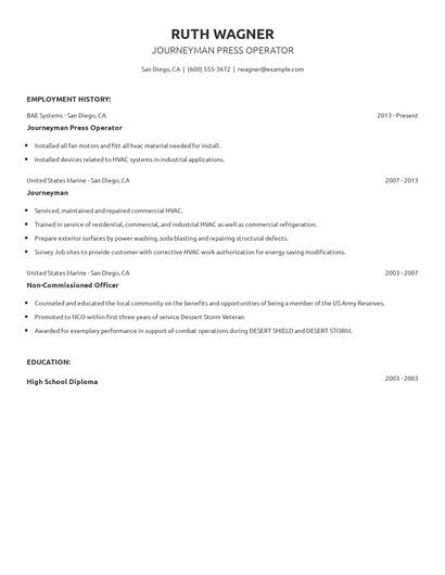 Journeyman Press Operator Resume