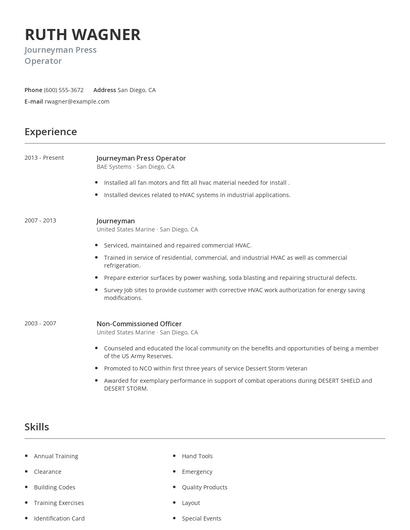 Journeyman Press Operator Resume