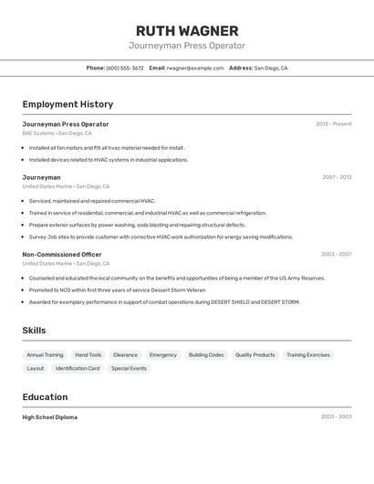 Journeyman Press Operator Resume
