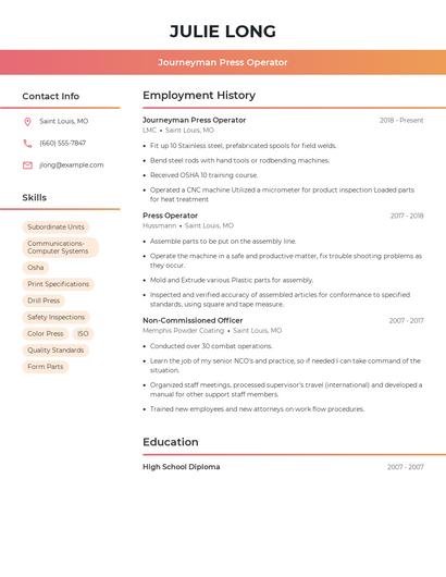 Journeyman Press Operator Resume