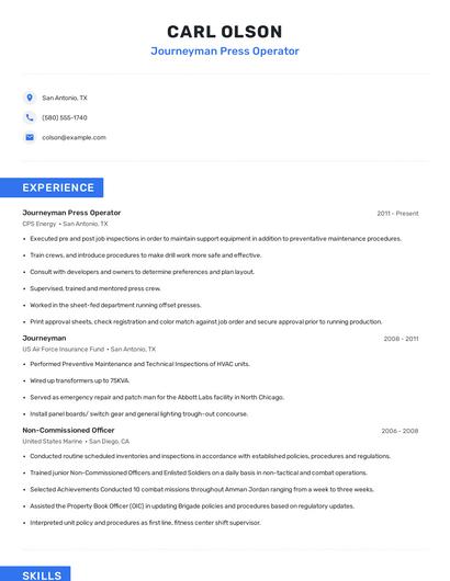Journeyman Press Operator Resume