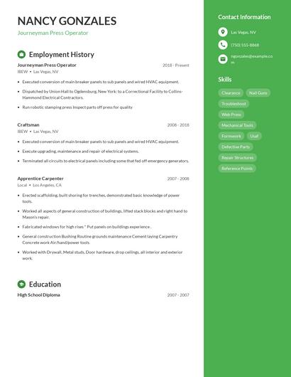 Journeyman Press Operator Resume