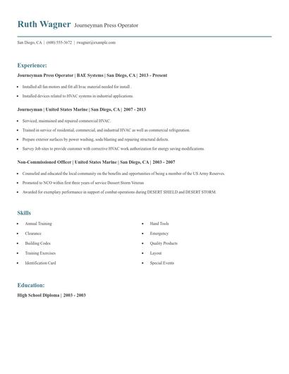 Journeyman Press Operator Resume