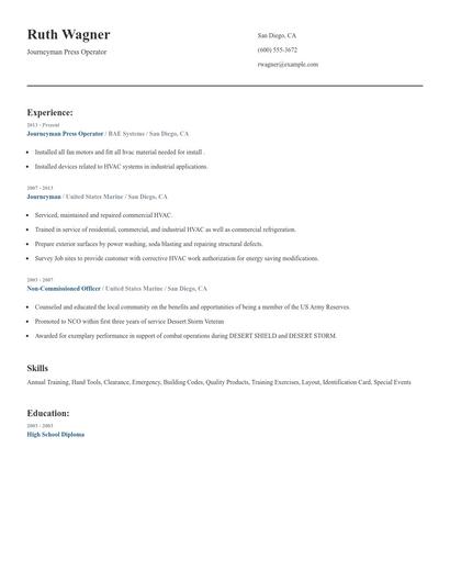 Journeyman Press Operator Resume