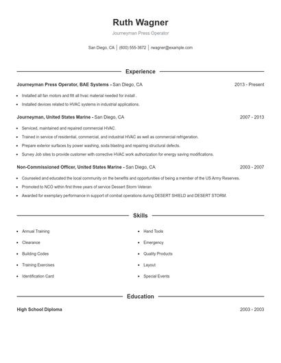 Journeyman Press Operator Resume