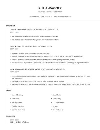 Journeyman Press Operator Resume