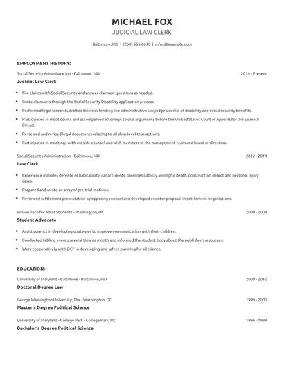 Judicial Law Clerk Resume