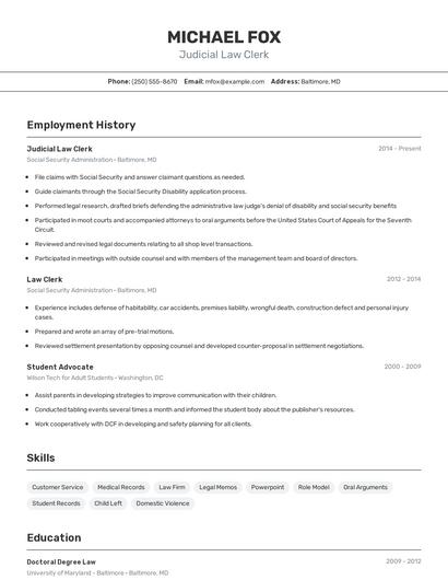 Judicial Law Clerk Resume