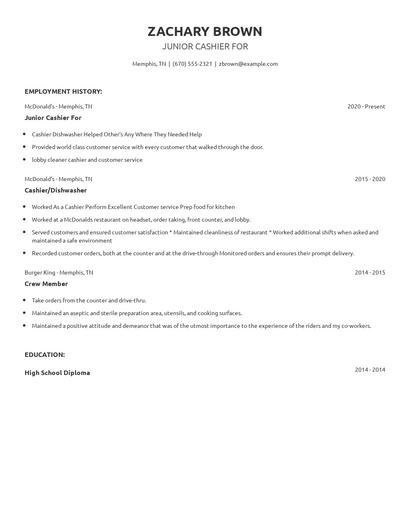 Junior Cashier For Resume